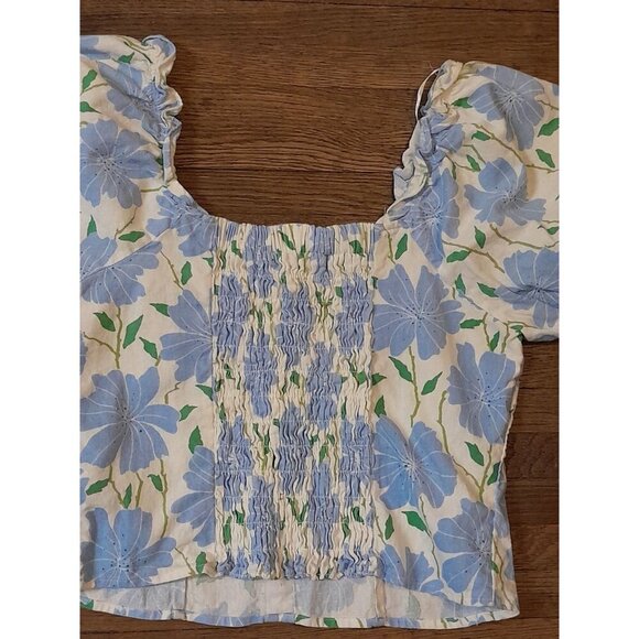Womens Size Medium Boho Beach Cropped Linen Blend Puff Sleeve Smocked Floral Top - Picture 6 of 9